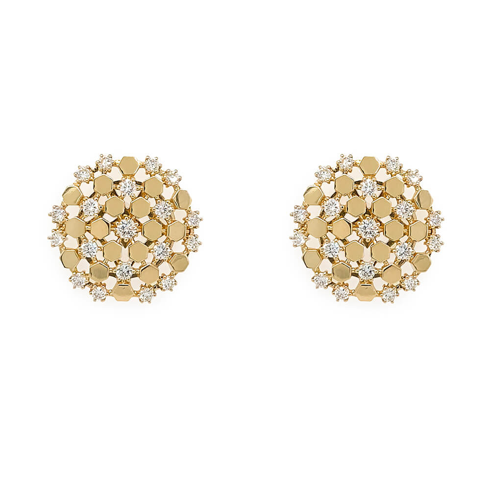 14k Yellow Gold Round Honeycomb Earrings with Diamonds 