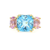 Ring with blue Topax and pink Kunzite side stones on a white background
