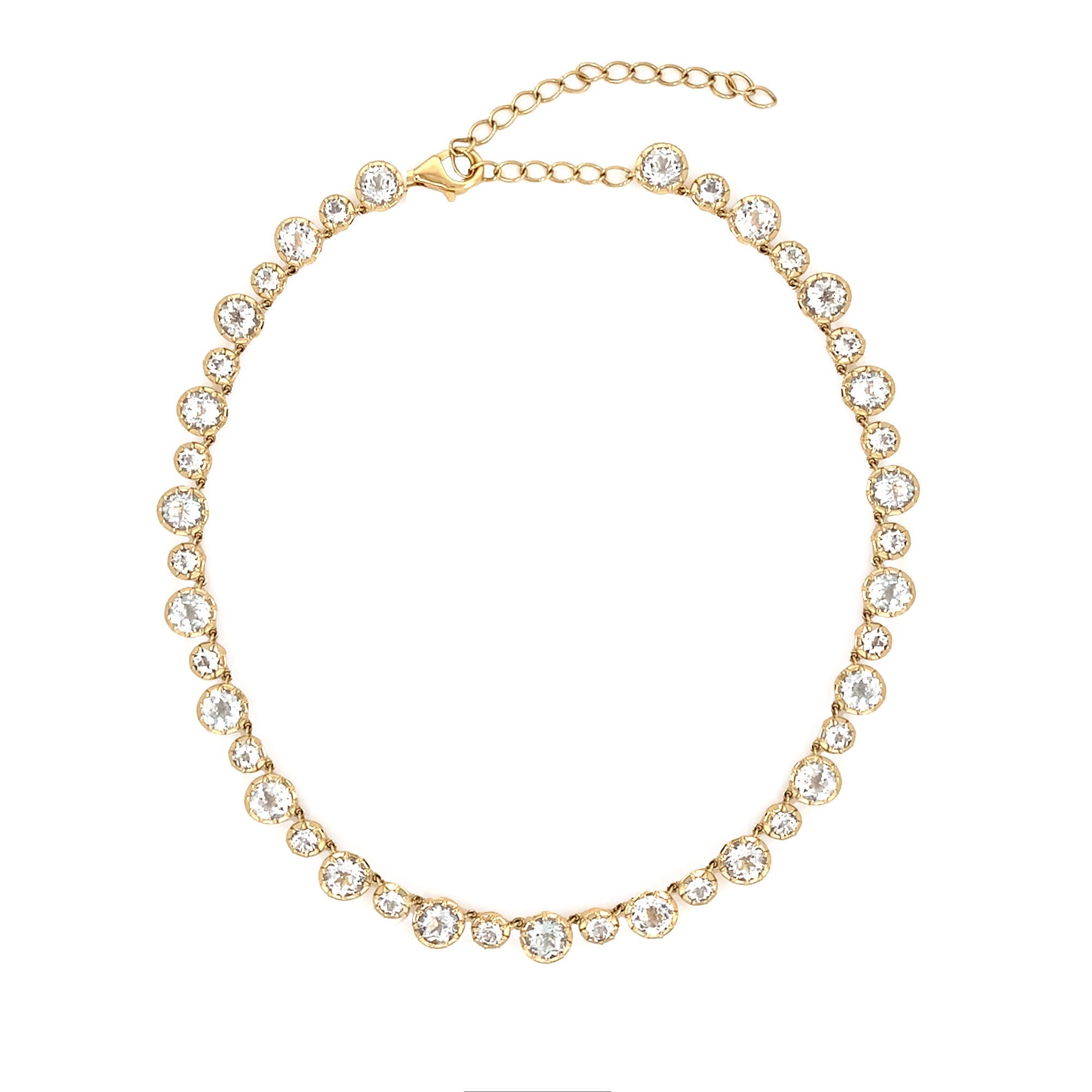 14K Gold necklace with white topaz stones on a white background