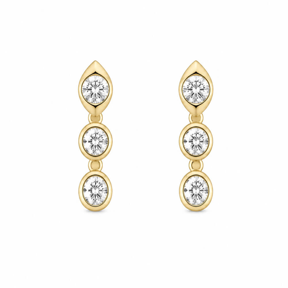 A pair of 14K gold drop earrings featuring three round-cut clear diamonds in each earring, set against a plain white background.