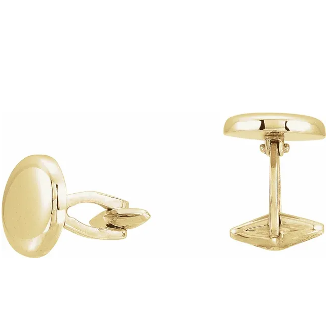 A pair of 14K yellow gold round cufflinks with a polished finish.