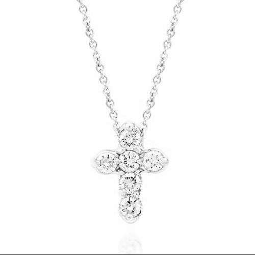 A white gold cross pendant necklace adorned with clear round-cut diamonds, suspended from a delicate white gold chain against a plain white background.