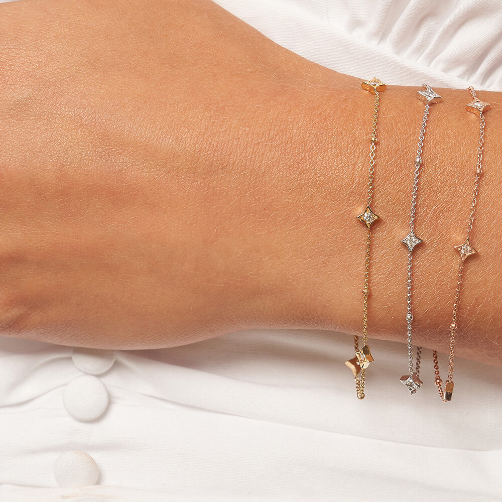 14k yellow gold Diamond Star Bezels and Beads Bracelet