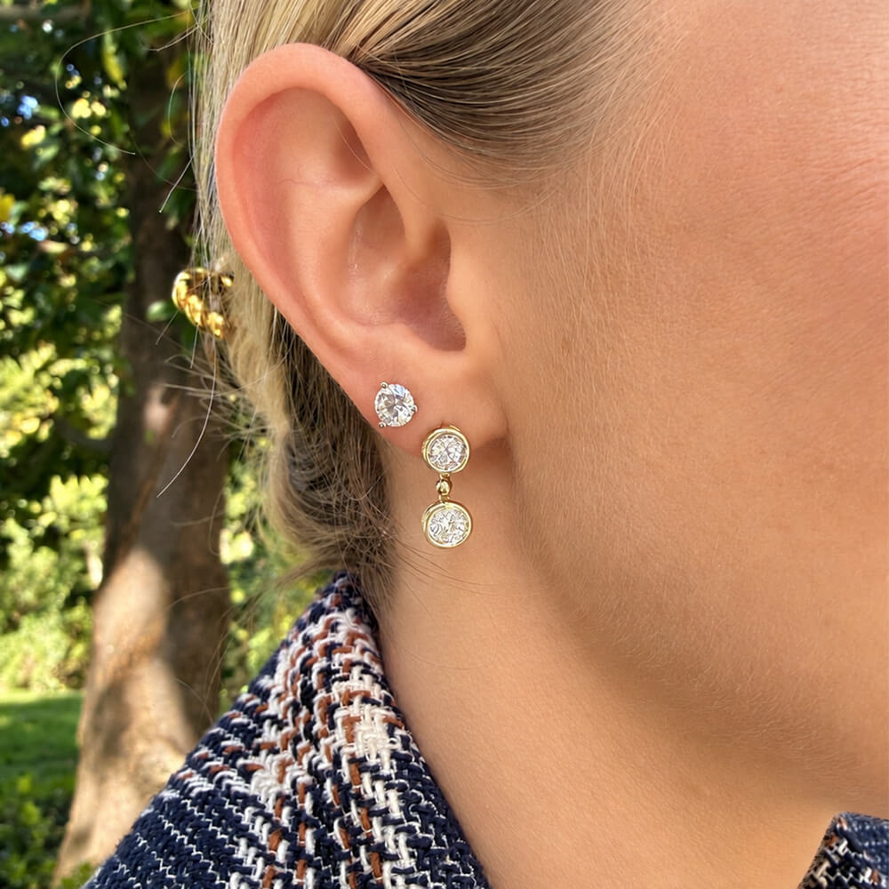 14k yellow gold bezel diamond drop earrings