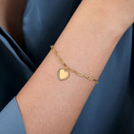 14k yg  Paperclip Chain Bracelet with Heart Charm on wrist