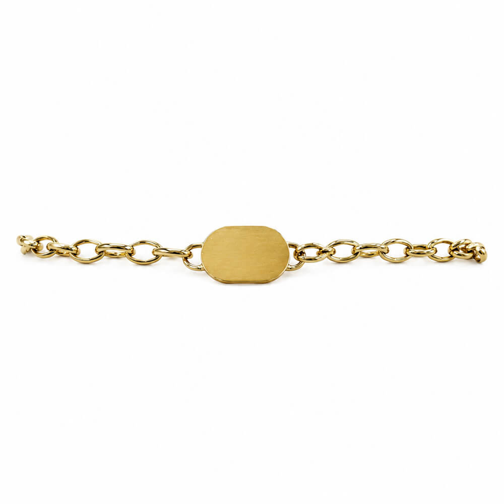 A 14K yellow gold chain bracelet with a flat, oval-shaped central tag, shown against a plain white background.