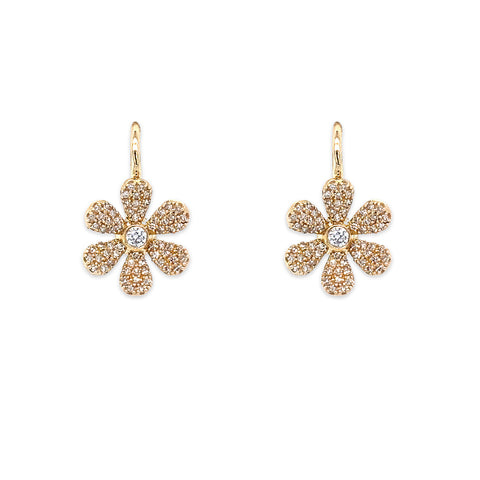 Yellow Gold Pave Diamond Flower Earrings