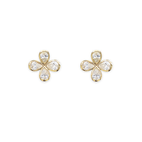 18K Yellow Gold and Pear Shaped Diamond Flower Stud Earrings