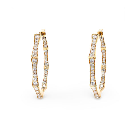 18K Yellow Gold Diamond Bamboo Hoop Earrings