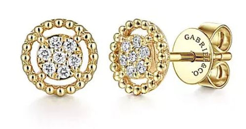 14K Yellow Gold Round Beaded  Diamond Stud Earrings