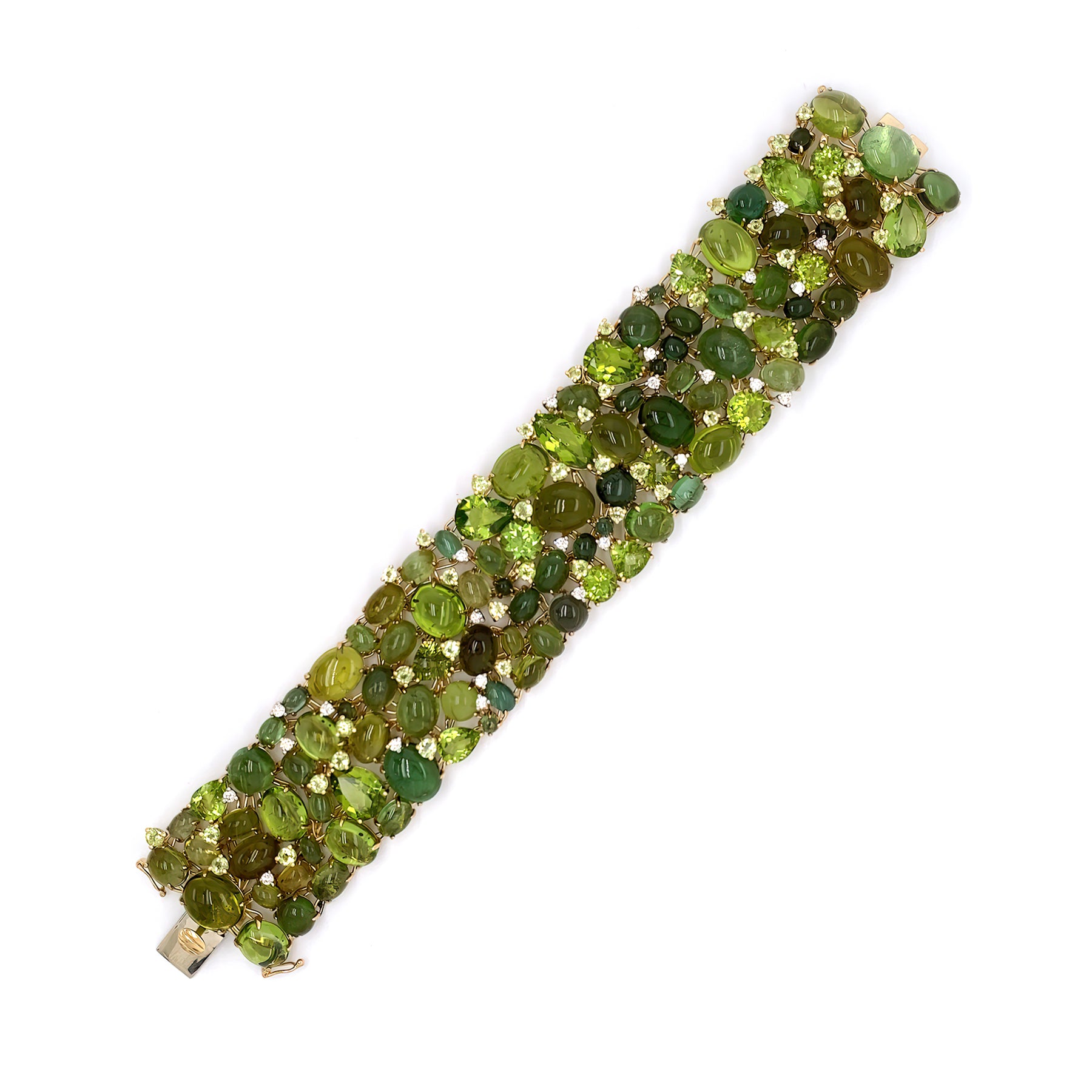 An 18K yellow gold bracelet with a row of peridot and green tourmaline stones, accompanied by smaller diamond accents.