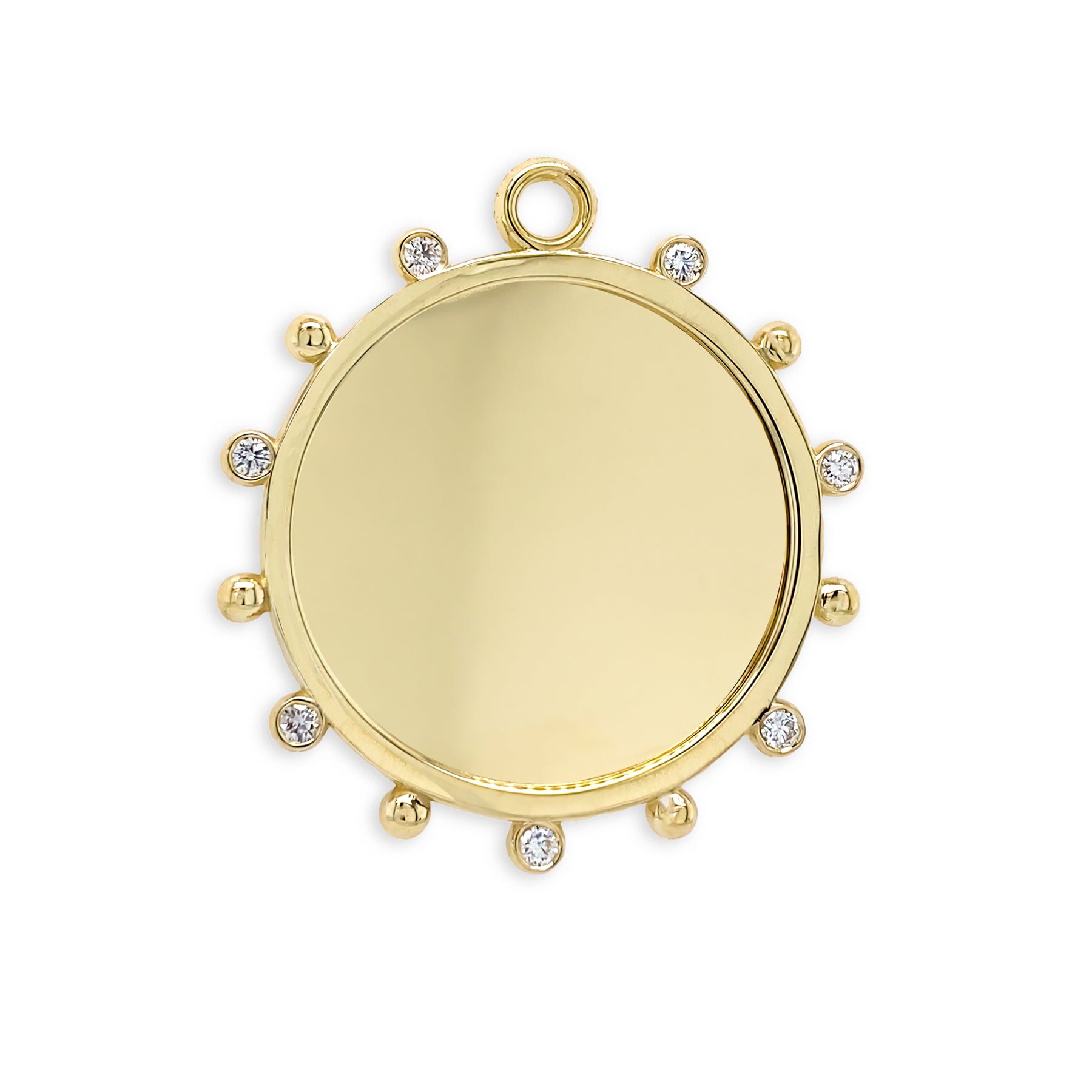 An 18K gold beaded disc-shaped pendant adorned with diamonds around the edge.