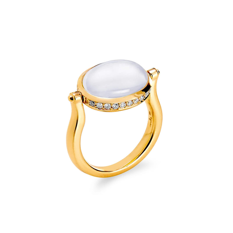 18K Gold ring with a white moon quartz gemstone on a white background