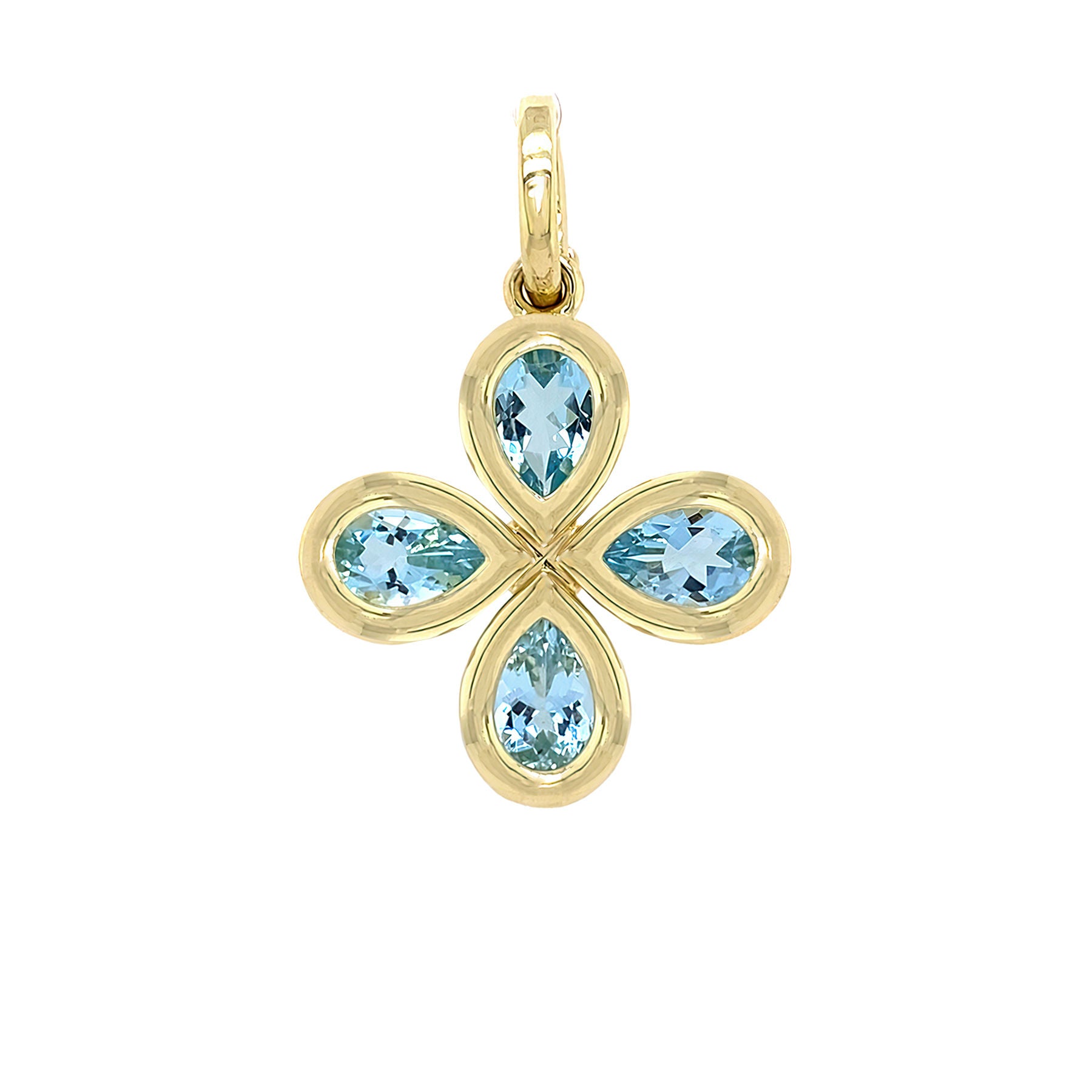 18K Gold pendant with four aquamarine gemstones on a white background