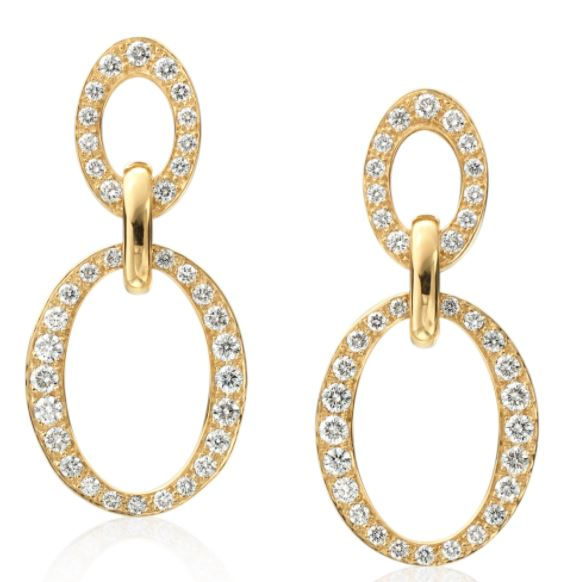 A pair of 18k gold drop earrings with oval links, each adorned with small clear pavé diamonds, shown on a white background.