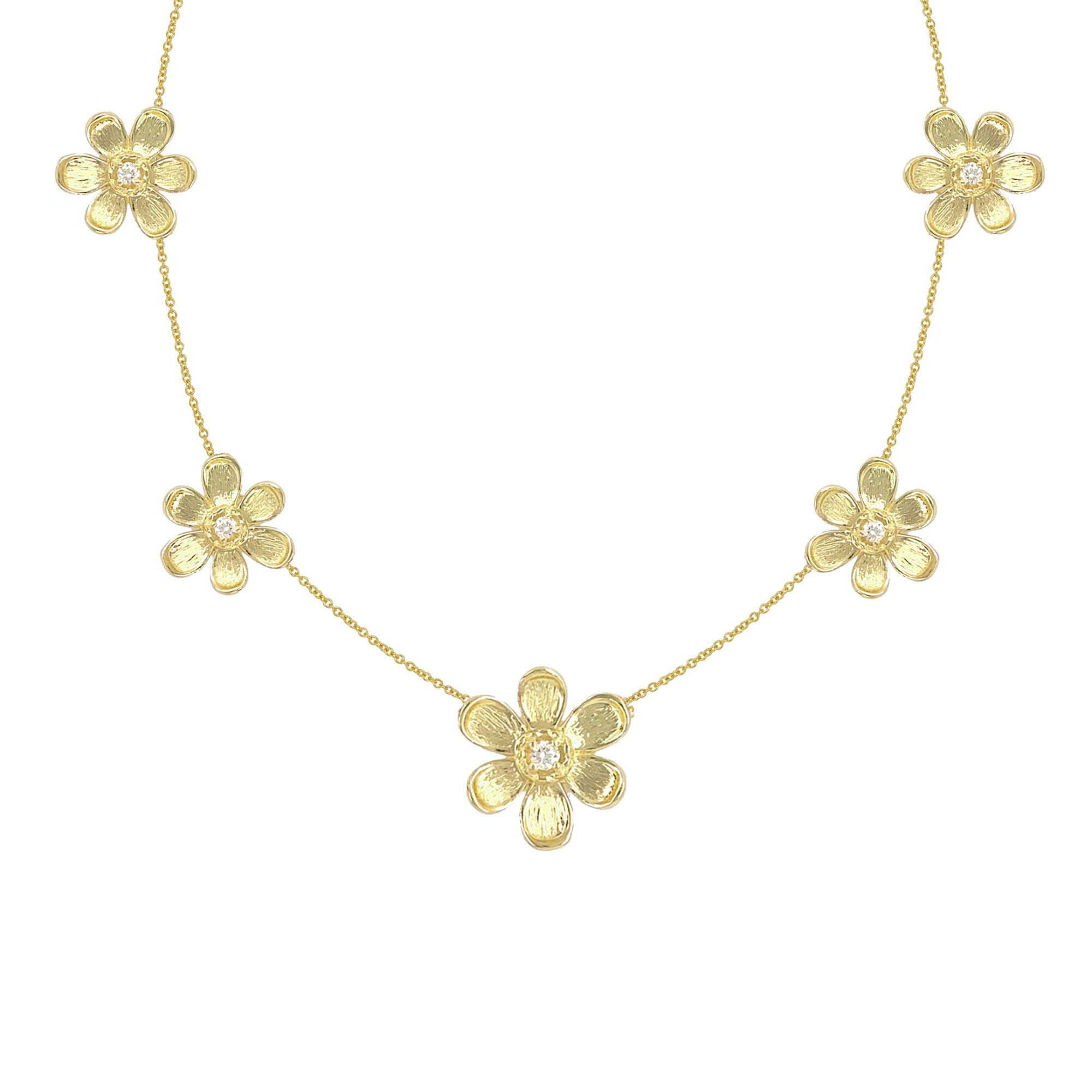 18K Gold necklace with flower pendants and diamonds on a white background