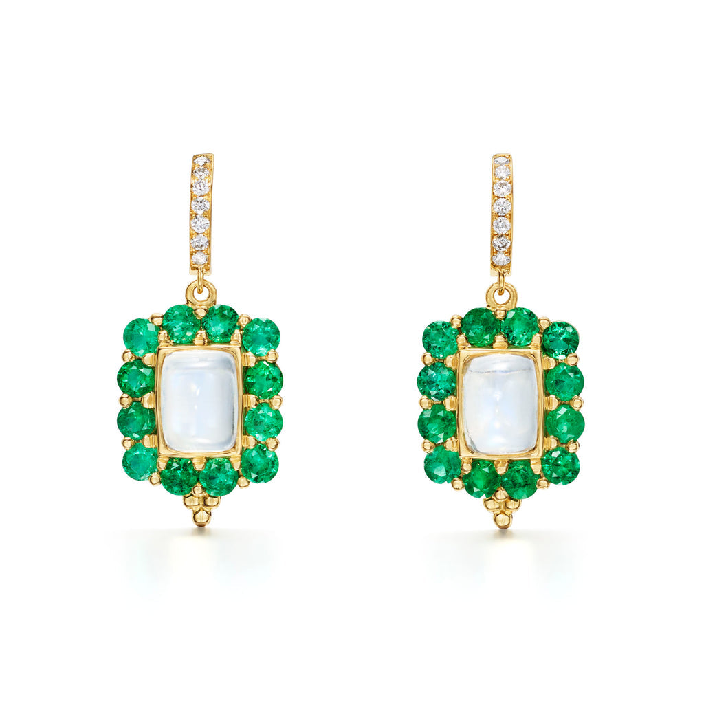 18K YG Blue Moonstone and Emerald Drop Earrings