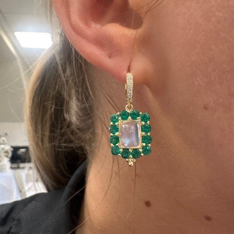 18K YG Blue Moonstone and Emerald Drop Earrings on the ear