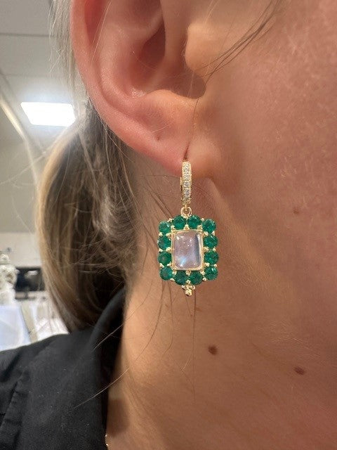 18K YG Blue Moonstone and Emerald Drop Earrings on the ear
