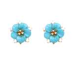 18K YG Flower Turquoise Earrings with White Agate and Diamonds