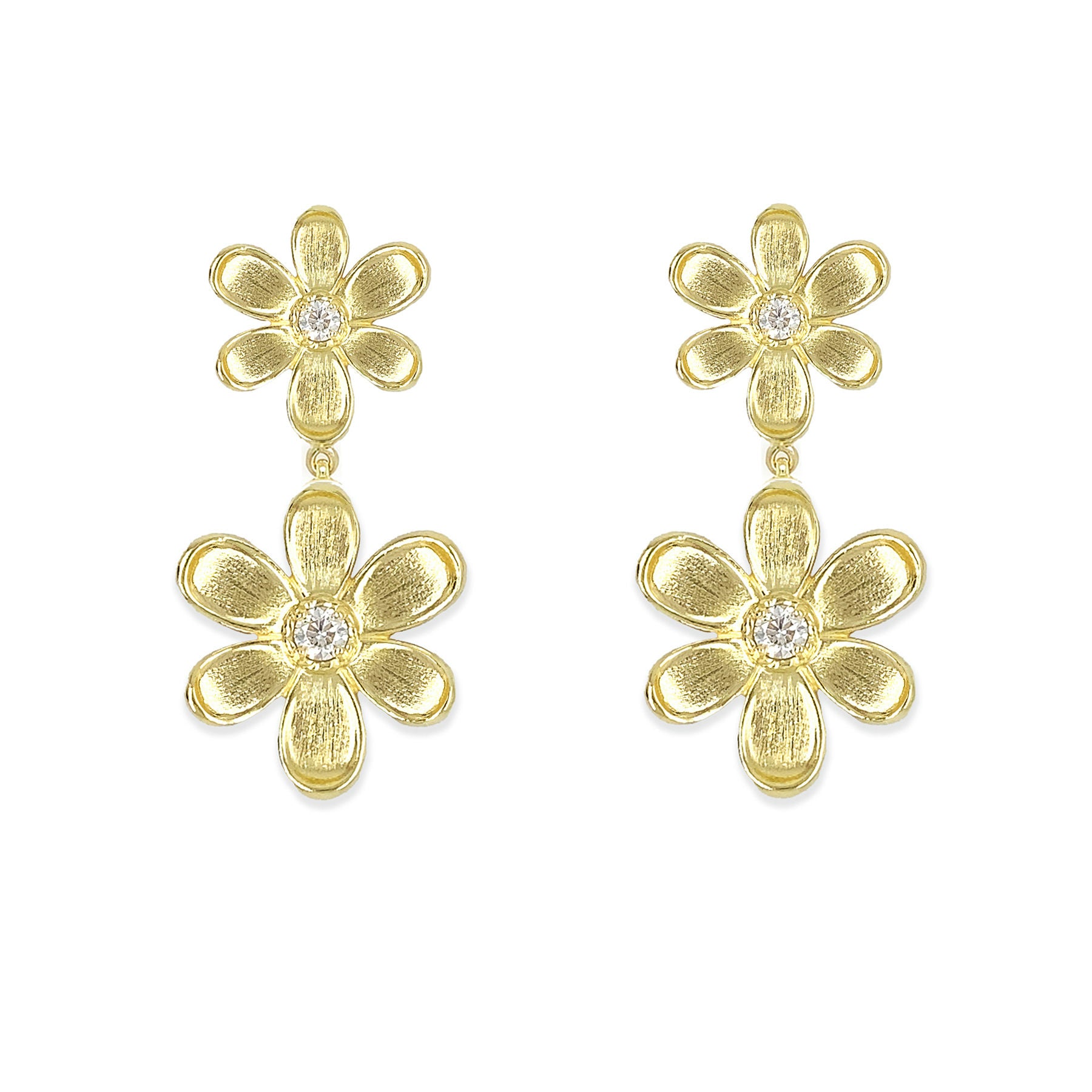18K Gold flower-shaped drop earrings with a central diamond on a white background
