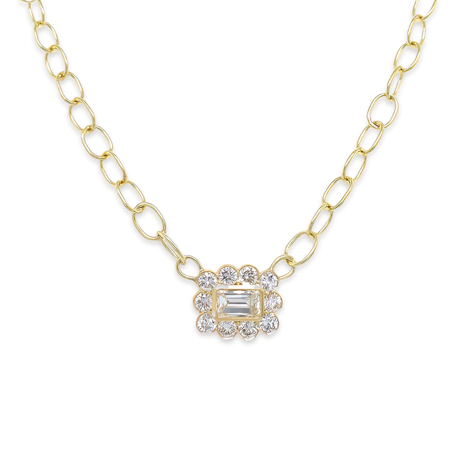 18K Yellow Gold Link Necklace with Bezel Set Diamond Pendant