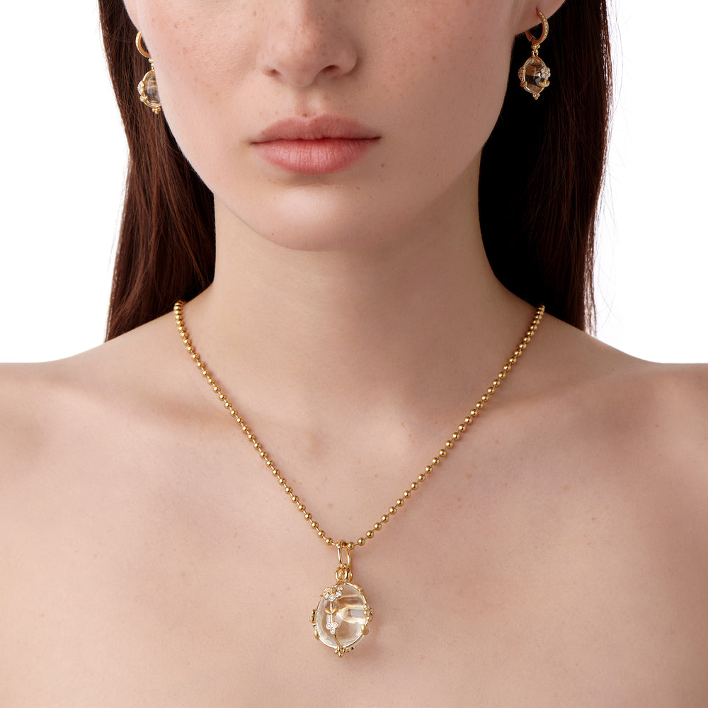 18K Yellow Gold Medium Diamond Fiori Rock Crystal Amulet on beaded chain