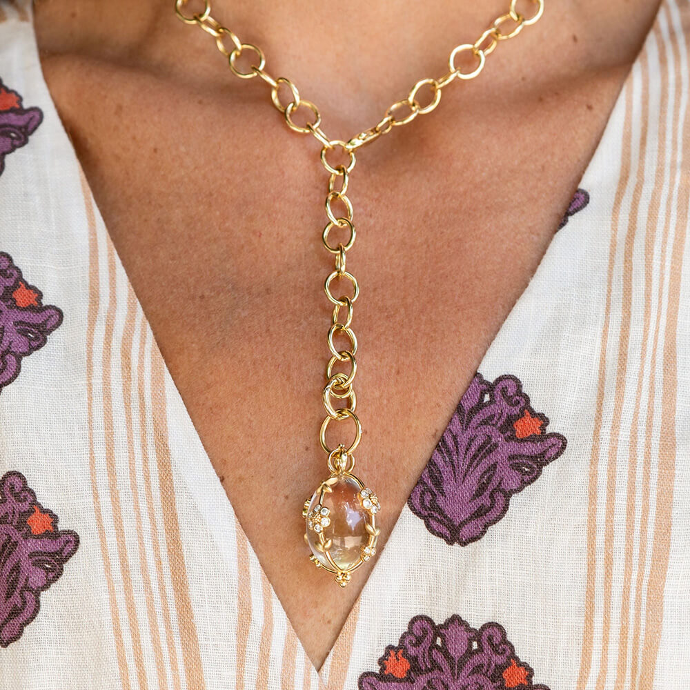 18K Yellow Gold Medium Diamond Fiori Rock Crystal Amulet on chain
