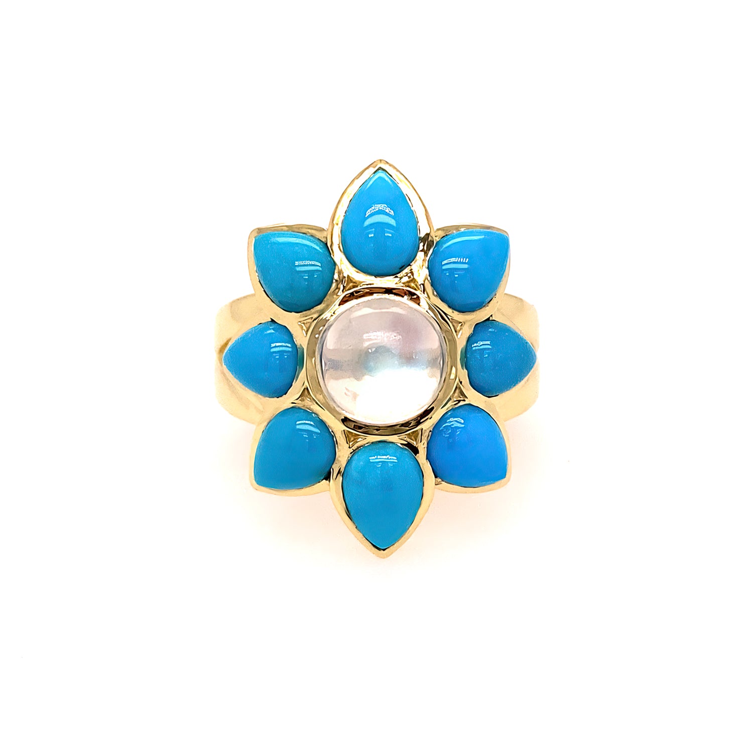 A 18kt yellow gold turquoise and moonstone flower-shaped ring with a central moonstone and surrounding turquoise petals.