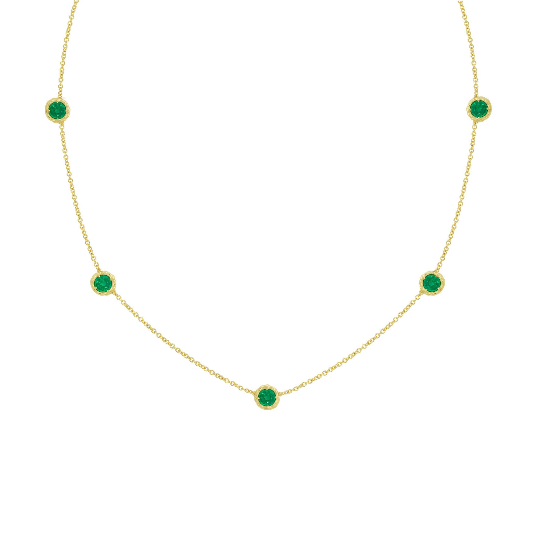 18K Gold necklace with green emerald gemstones on a white background