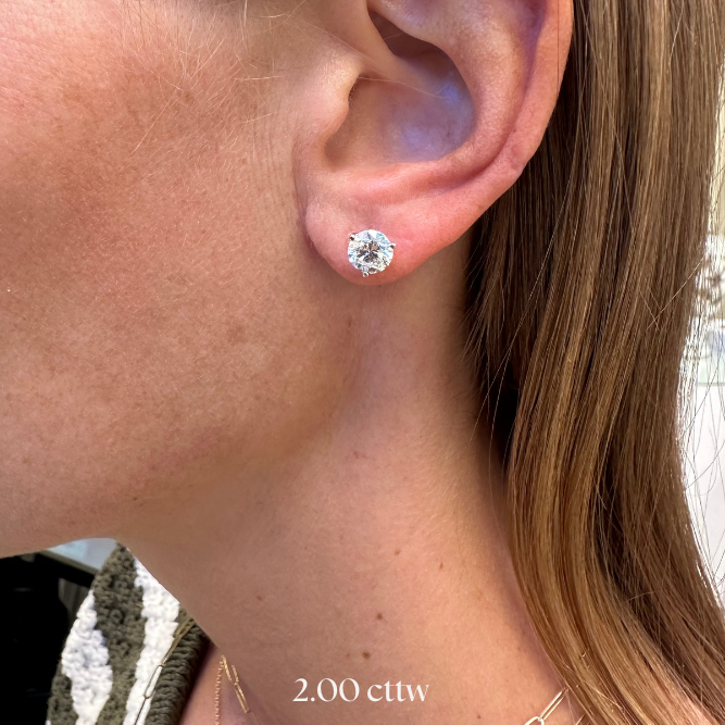 Close-up of an ear wearing a diamond earring with '2.00 cttw' text.