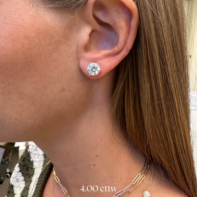Close-up of an ear wearing a 4 carat diamond earring 