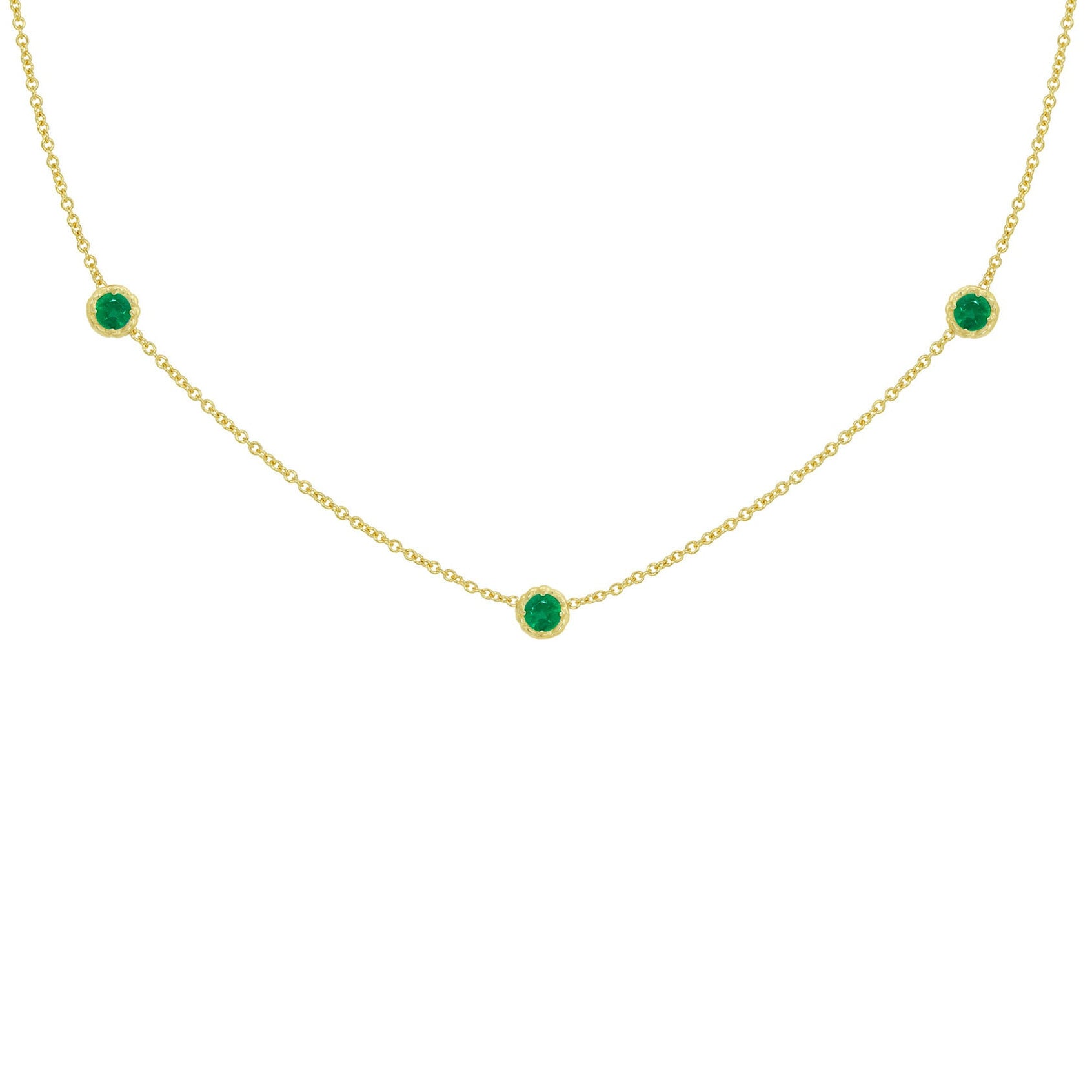 18K yellow Gold necklace with emerald green gemstones on a white background