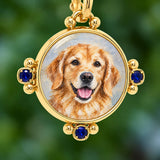 Sapphire Accent Pet Portrait Pendant in 18k yellow gold designed by Laura Pearce