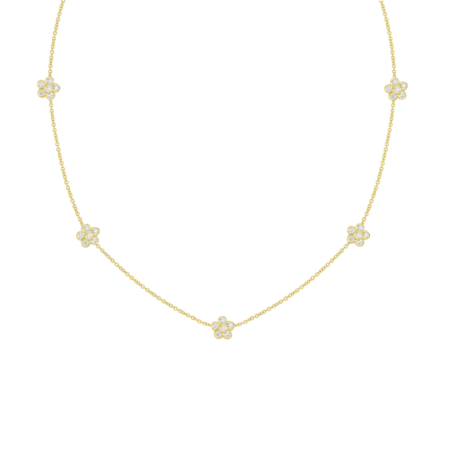 An 18K yellow gold necklace featuring a series of daisy flower stations with full diamond accents, presented against a white background.