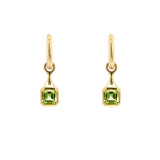 18K Gold drop earrings with green Peridot gemstones  on a white background