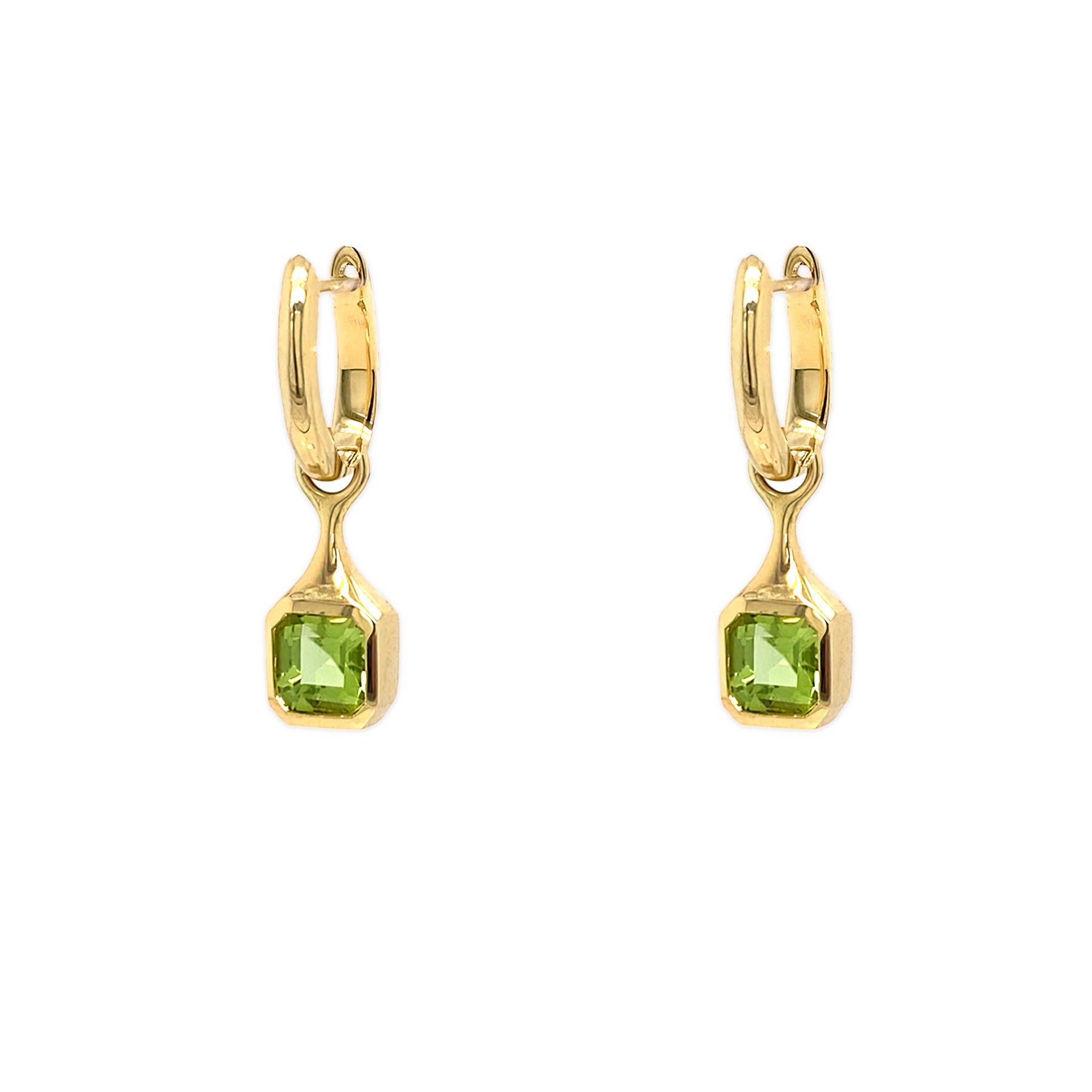 18K Gold drop earrings with green Peridot gemstones on a white background