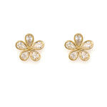A pair of 18K yellow gold diamond bezel flower earrings.