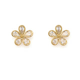 A pair of 18K yellow gold diamond bezel flower earrings.