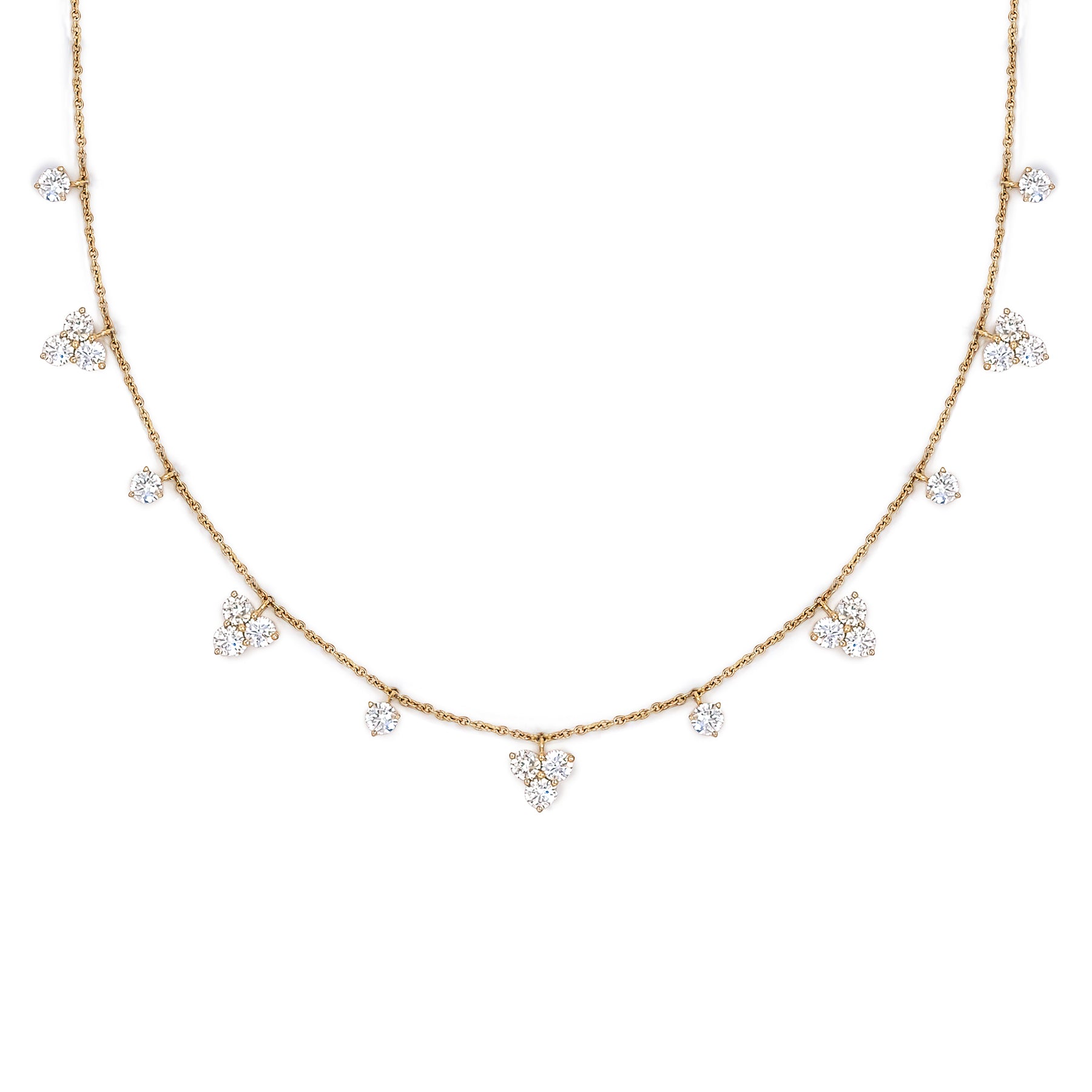 18K Gold necklace with diamond pendants on a white background