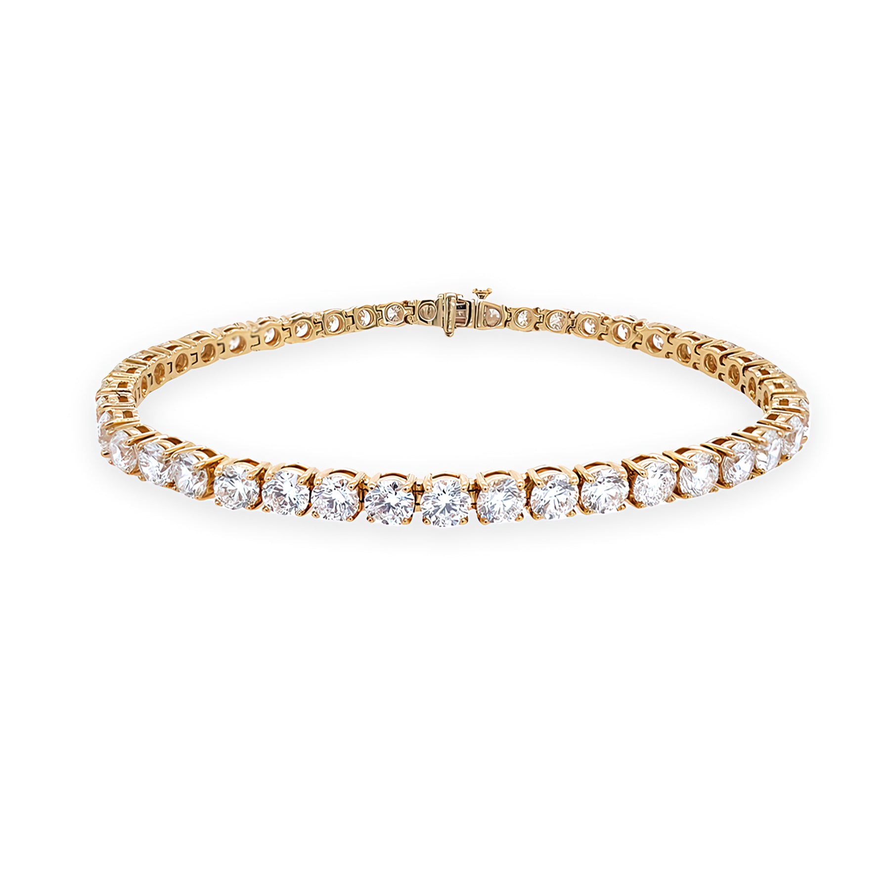 An 18K yellow gold diamond tennis bracelet with a 43  linked round-cut diamonds.