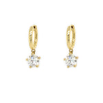 18K Yellow Gold hoop earrings with clear diamond drops on a white background
