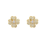 18K Gold clover-shaped earrings with diamond accents on a white background