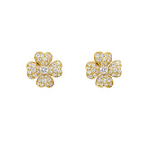 18K Gold clover-shaped earrings with diamond accents on a white background