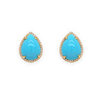 A pair of 18K yellow gold earrings featuring turquoise stones with pave diamond accents along the border.