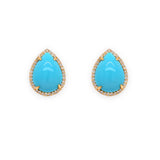 A pair of 18K yellow gold earrings featuring turquoise stones with pave diamond accents along the border.