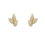 Gold leaf-shaped earrings with diamonds on a white background
