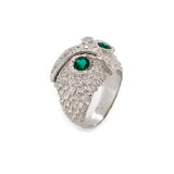 18K White Gold Owl ring with emeralds on a white background