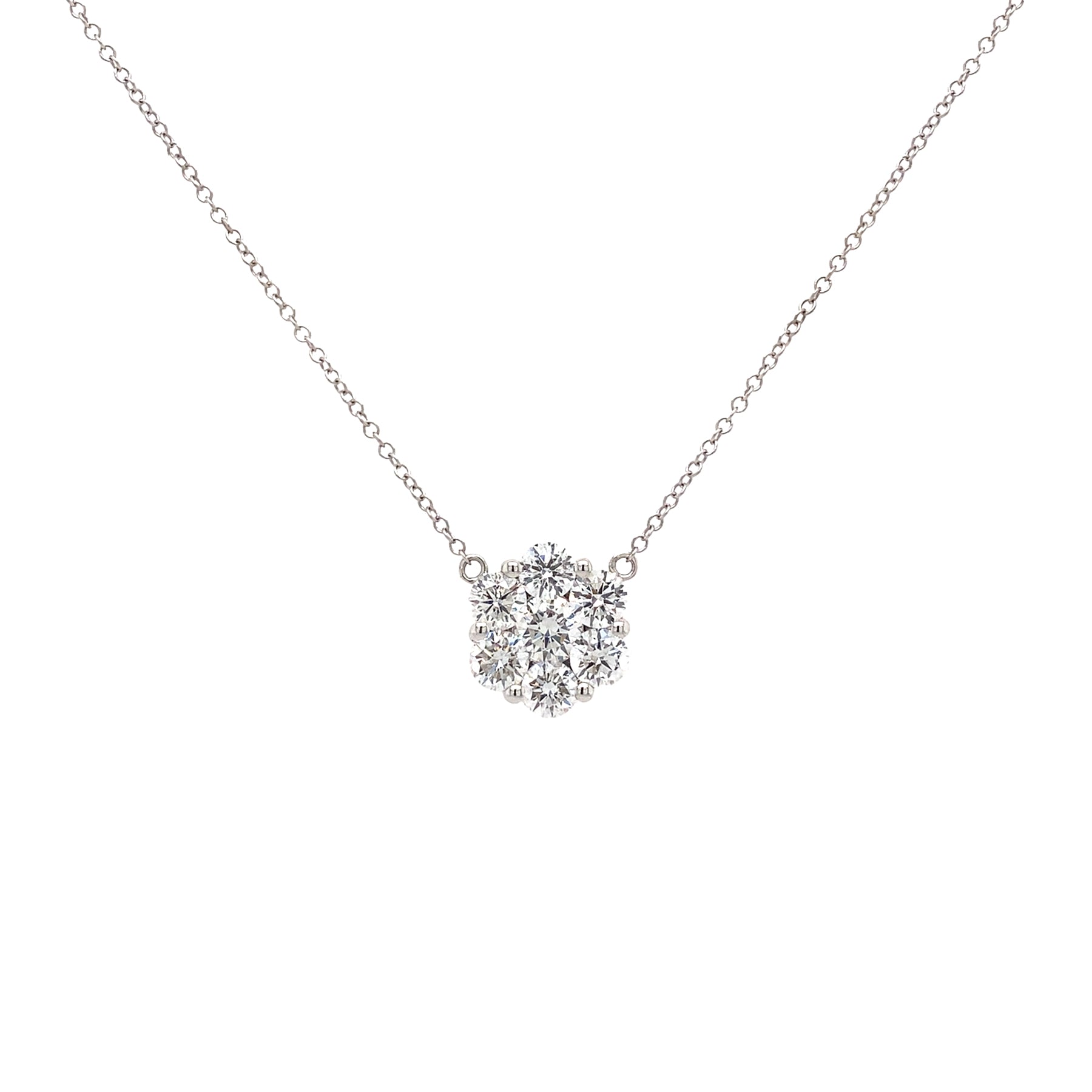 White Gold necklace with a Cluster diamond pendant on a white background