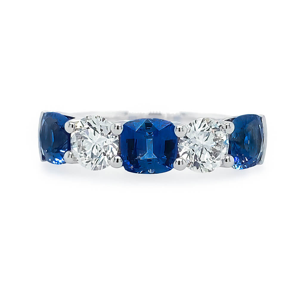 18k White Gold Round Diamond and Cushion Sapphire Band 